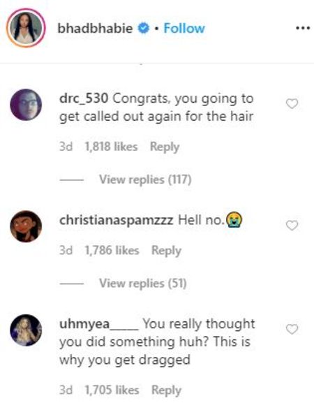 Snippet of Bhad receiving criticism on Instagram following her new hairstyle upload.